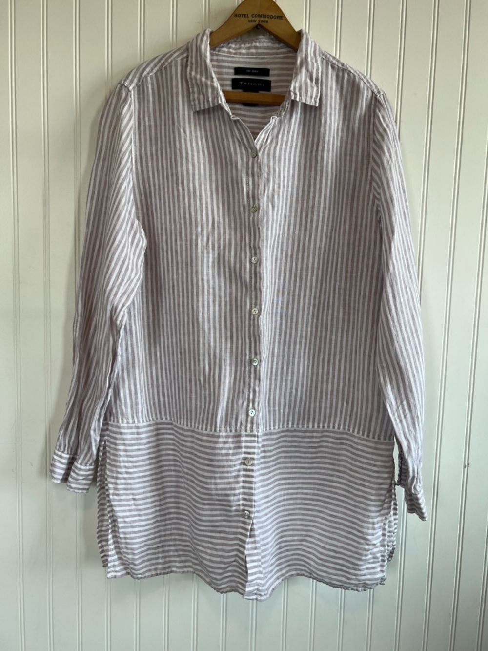 Tahari White and Light purpleish brown Striped Tunic Shirt 100% linen large